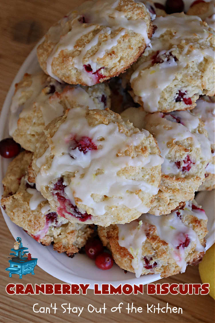 Cranberry Lemon Biscuits | Can't Stay Out of the Kitchen | these delicious sweet #biscuits are terrific for a #Thanksgiving or #Christmas #holiday #breakfast or #brunch menu. They're filled with fresh #cranberries, #LemonZest & #LemonYogurt. The #icing includes #LemonJuice & #Lemon zest. If you enjoy a sweet treat with your morning #coffee, #CranberryLemonBiscuits are the perfect accompaniment.