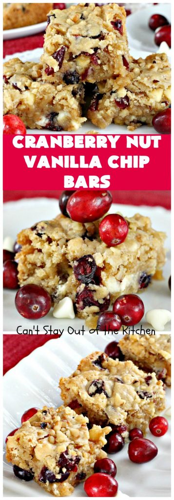 Cranberry Nut Vanilla Chip Bars | Can't Stay Out of the Kitchen | these amazing #brownies include dried #cranberries, Vanilla chips & #walnuts. They're terrific for #holiday & #Christmas parties. They're rich, decadent & heavenly. #Dessert #HolidayDessert #CranberryDessert #ChristmasCookie #ChristmasCookieExchange