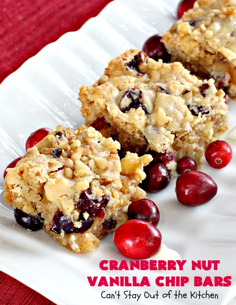 Cranberry Nut Vanilla Chip Bars | Can't Stay Out of the Kitchen | these amazing #brownies include dried #cranberries, Vanilla chips & #walnuts. They're terrific for #holiday & #Christmas parties. They're rich, decadent & heavenly. #Dessert #HolidayDessert #CranberryDessert #ChristmasCookie #ChristmasCookieExchange