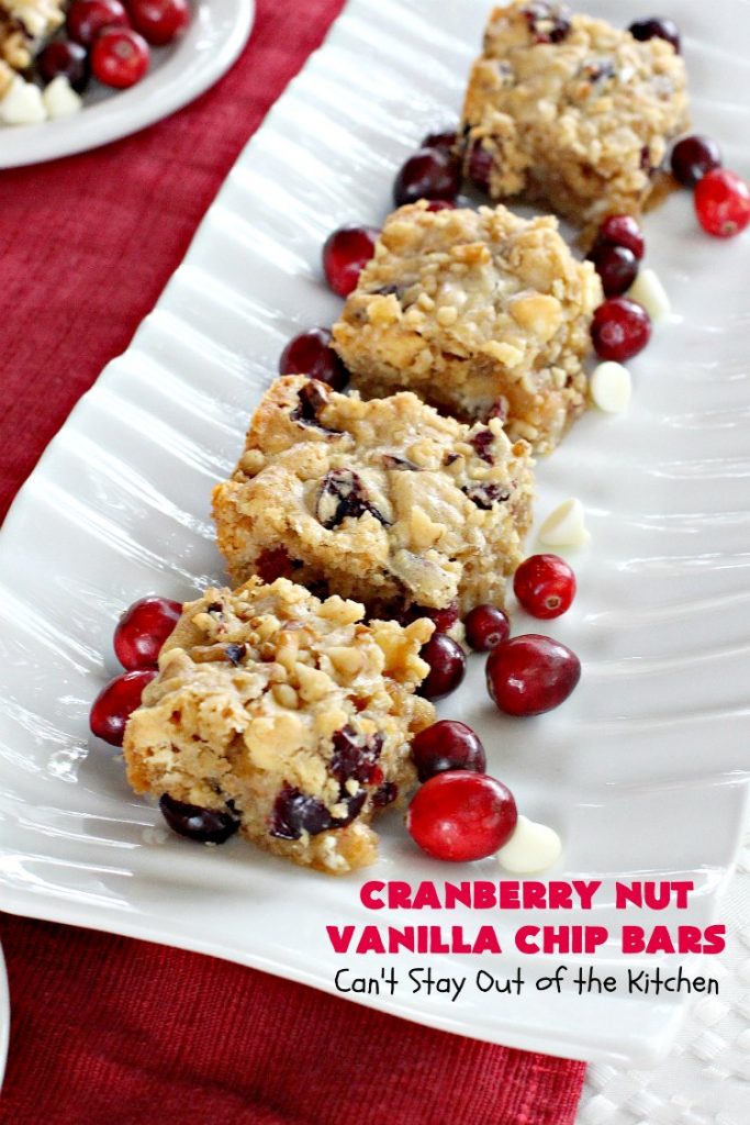 Cranberry Nut Vanilla Chip Bars | Can't Stay Out of the Kitchen | these amazing #brownies include dried #cranberries, Vanilla chips & #walnuts. They're terrific for #holiday & #Christmas parties. They're rich, decadent & heavenly. #Dessert #HolidayDessert #CranberryDessert #ChristmasCookie #ChristmasCookieExchange