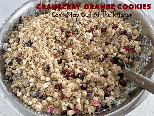 Cranberry Orange Cookies | Can't Stay Out of the Kitchen | these festive & beautiful #cookies are marvelous for #holiday #baking, #tailgating & office parties or a #ChristmasCookieExchange. They're filled with fresh #cranberries, #OrangeZest & #VanillaChips so they explode with flavor. They're a little tart & a little sweet! #dessert #CranberryDessert #CranberryOrangeCookies