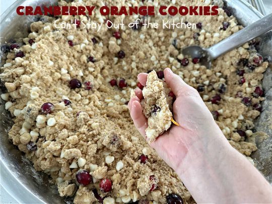 Cranberry Orange Cookies | Can't Stay Out of the Kitchen | these festive & beautiful #cookies are marvelous for #holiday #baking, #tailgating & office parties or a #ChristmasCookieExchange. They're filled with fresh #cranberries, #OrangeZest & #VanillaChips so they explode with flavor. They're a little tart & a little sweet! #dessert #CranberryDessert #CranberryOrangeCookies