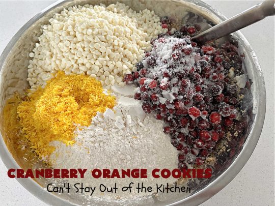 Cranberry Orange Cookies | Can't Stay Out of the Kitchen | these festive & beautiful #cookies are marvelous for #holiday #baking, #tailgating & office parties or a #ChristmasCookieExchange. They're filled with fresh #cranberries, #OrangeZest & #VanillaChips so they explode with flavor. They're a little tart & a little sweet! #dessert #CranberryDessert #CranberryOrangeCookies