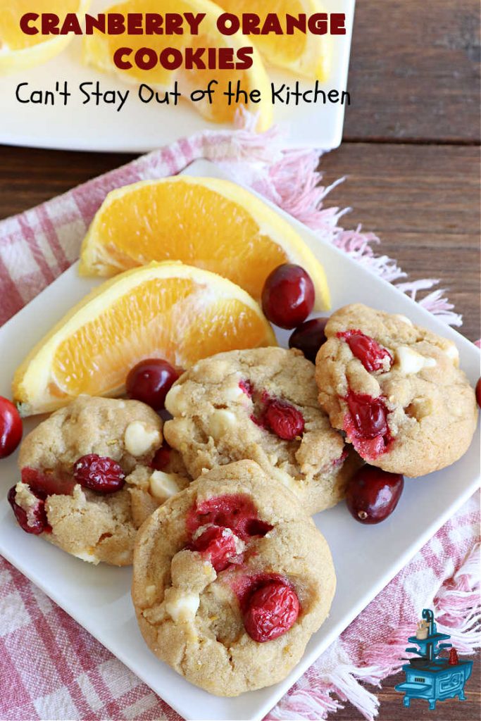 Cranberry Orange Cookies | Can't Stay Out of the Kitchen | these festive & beautiful #cookies are marvelous for #holiday #baking, #tailgating & office parties or a #ChristmasCookieExchange. They're filled with fresh #cranberries, #OrangeZest & #VanillaChips so they explode with flavor. They're a little tart & a little sweet! #dessert #CranberryDessert #CranberryOrangeCookies