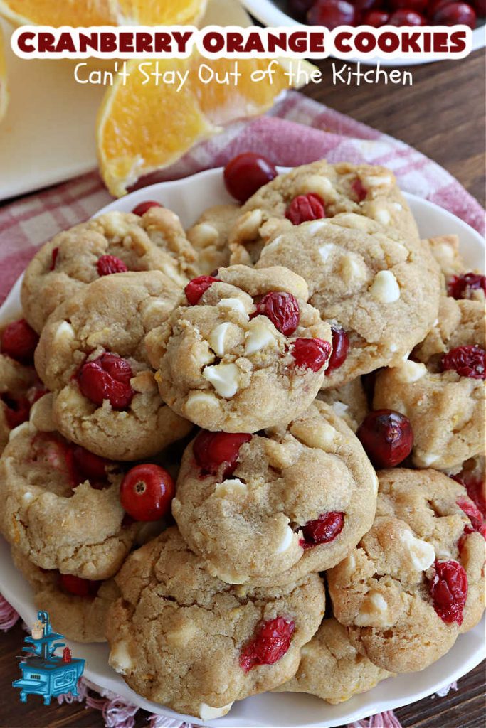 Cranberry Orange Cookies | Can't Stay Out of the Kitchen | these festive & beautiful #cookies are marvelous for #holiday #baking, #tailgating & office parties or a #ChristmasCookieExchange. They're filled with fresh #cranberries, #OrangeZest & #VanillaChips so they explode with flavor. They're a little tart & a little sweet! #dessert #CranberryDessert #CranberryOrangeCookies