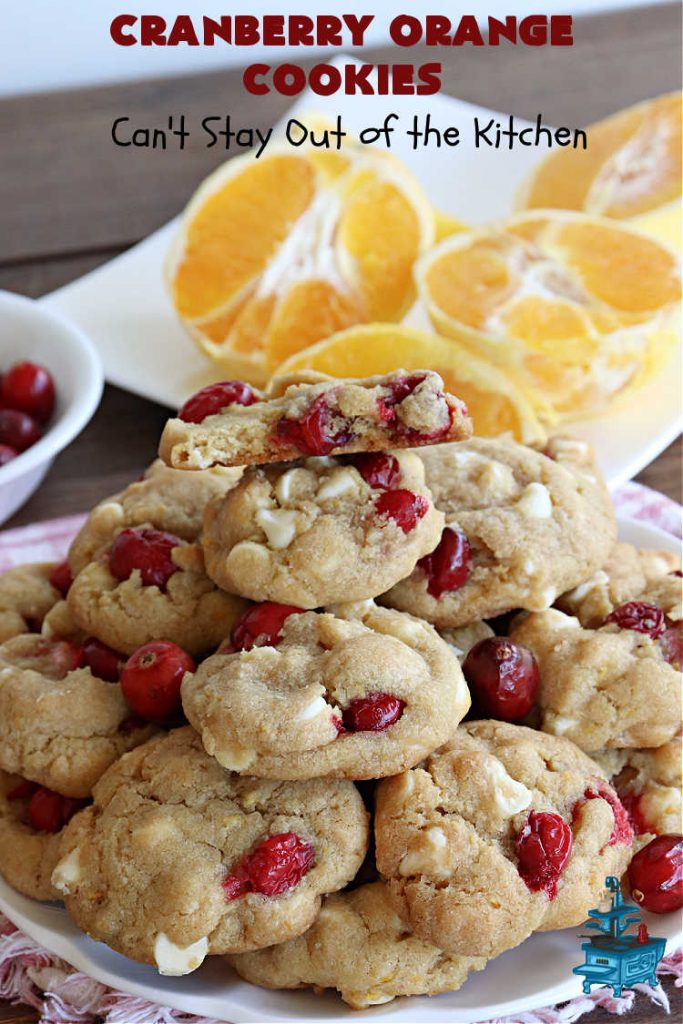 Cranberry Orange Cookies | Can't Stay Out of the Kitchen | these festive & beautiful #cookies are marvelous for #holiday #baking, #tailgating & office parties or a #ChristmasCookieExchange. They're filled with fresh #cranberries, #OrangeZest & #VanillaChips so they explode with flavor. They're a little tart & a little sweet! #dessert #CranberryDessert #CranberryOrangeCookies