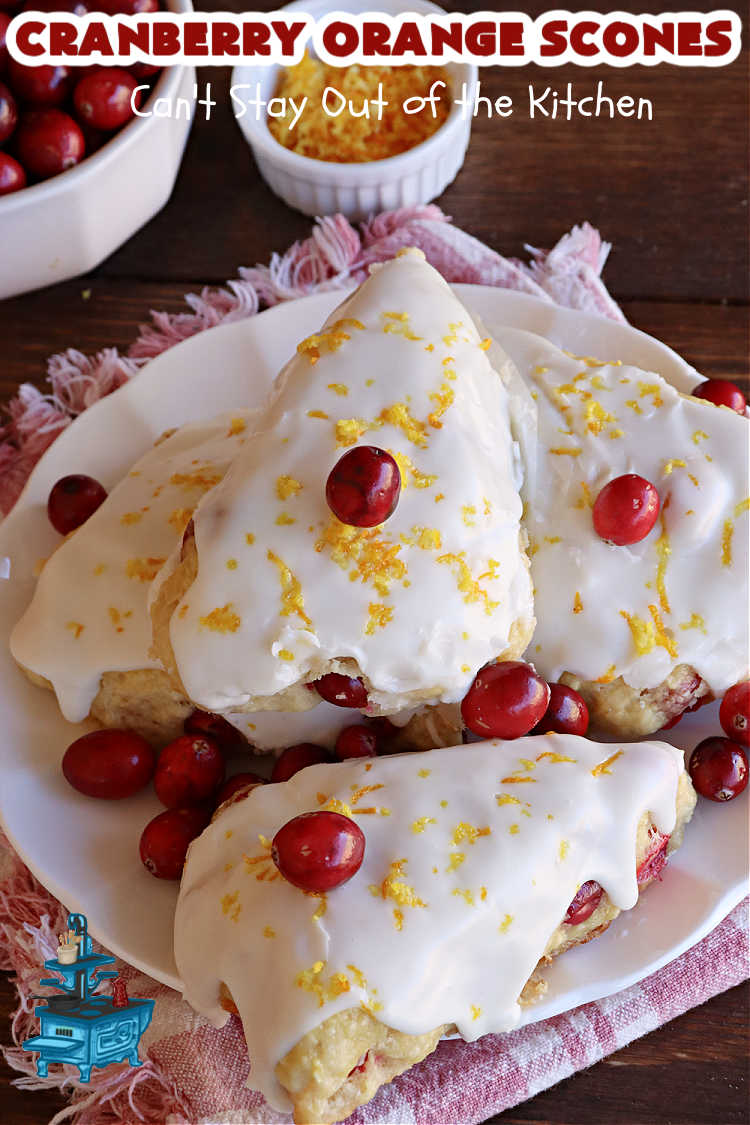 Cranberry Orange Scones | Can't Stay Out of the Kitchen | these luscious #scones have the most spectacular combination of flavors using fresh #cranberries, #OrangeZest & featuring a luscious #orange icing with more Orange Zest on top. They simply beg to be eaten! You'll be swooning after sinking your teeth into these amazing #CranberryOrangeScones. Great for a weekend, company or #holiday #breakfast or #brunch like #Thanksgiving, #Christmas, #NewYearsDay or #ValentinesDay.