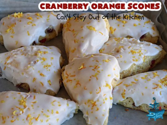 Cranberry Orange Scones | Can't Stay Out of the Kitchen | these luscious #scones have the most spectacular combination of flavors using fresh #cranberries, #OrangeZest & featuring a luscious #orange icing with more Orange Zest on top. They simply beg to be eaten! You'll be swooning after sinking your teeth into these amazing #CranberryOrangeScones. Great for a weekend, company or #holiday #breakfast or #brunch like #Thanksgiving, #Christmas, #NewYearsDay or #ValentinesDay.