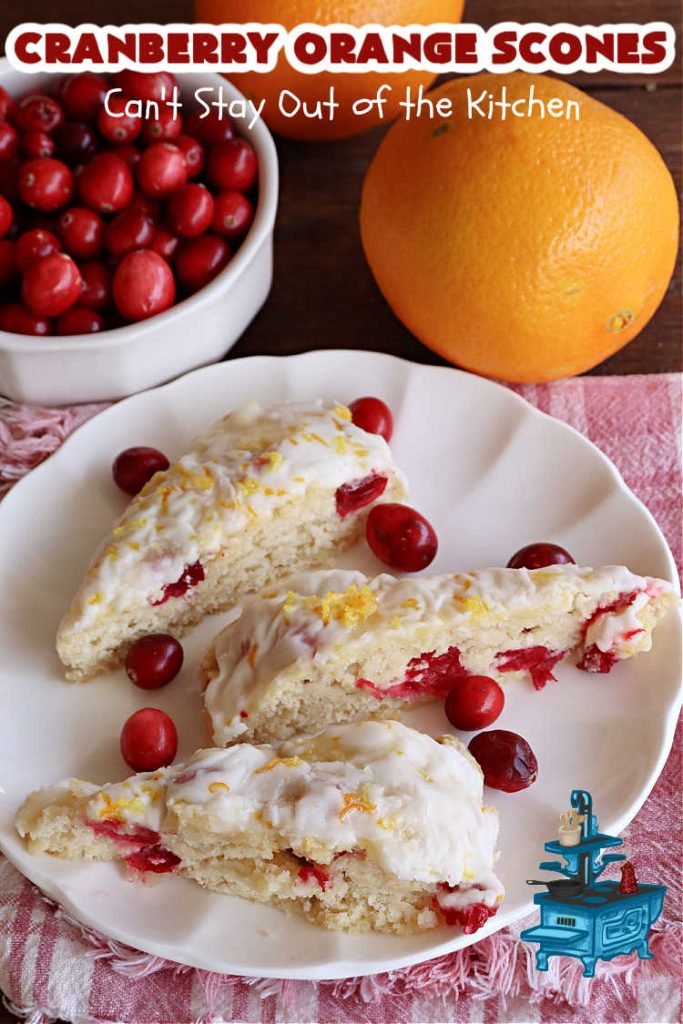 Cranberry Orange Scones | Can't Stay Out of the Kitchen | these luscious #scones have the most spectacular combination of flavors using fresh #cranberries, #OrangeZest & featuring a luscious #orange icing with more Orange Zest on top. They simply beg to be eaten! You'll be swooning after sinking your teeth into these amazing #CranberryOrangeScones. Great for a weekend, company or #holiday #breakfast or #brunch like #Thanksgiving, #Christmas, #NewYearsDay or #ValentinesDay.