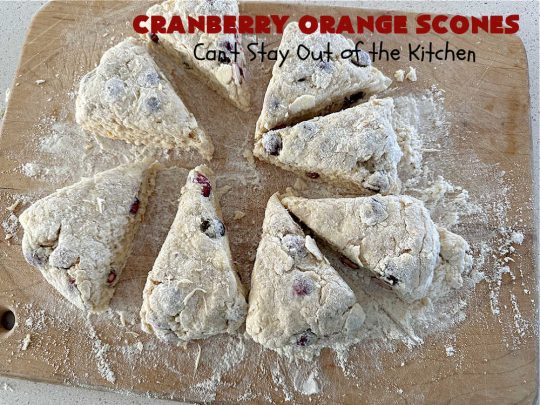 Cranberry Orange Scones | Can't Stay Out of the Kitchen | these luscious #scones have the most spectacular combination of flavors using fresh #cranberries, #OrangeZest & featuring a luscious #orange icing with more Orange Zest on top. They simply beg to be eaten! You'll be swooning after sinking your teeth into these amazing #CranberryOrangeScones. Great for a weekend, company or #holiday #breakfast or #brunch like #Thanksgiving, #Christmas, #NewYearsDay or #ValentinesDay.