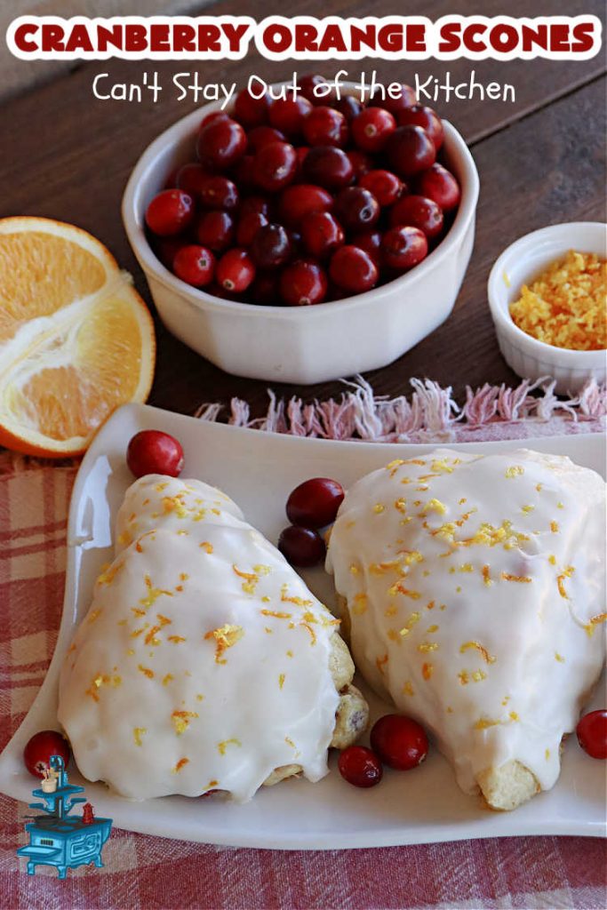 Cranberry Orange Scones | Can't Stay Out of the Kitchen | these luscious #scones have the most spectacular combination of flavors using fresh #cranberries, #OrangeZest & featuring a luscious #orange icing with more Orange Zest on top. They simply beg to be eaten! You'll be swooning after sinking your teeth into these amazing #CranberryOrangeScones. Great for a weekend, company or #holiday #breakfast or #brunch like #Thanksgiving, #Christmas, #NewYearsDay or #ValentinesDay.