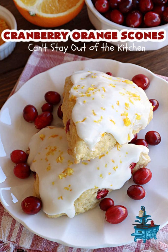 Cranberry Orange Scones | Can't Stay Out of the Kitchen | these luscious #scones have the most spectacular combination of flavors using fresh #cranberries, #OrangeZest & featuring a luscious #orange icing with more Orange Zest on top. They simply beg to be eaten! You'll be swooning after sinking your teeth into these amazing #CranberryOrangeScones. Great for a weekend, company or #holiday #breakfast or #brunch like #Thanksgiving, #Christmas, #NewYearsDay or #ValentinesDay.
