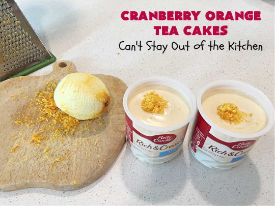 Cranberry Orange Tea Cakes | Can't Stay Out of the Kitchen | These delightful #TeaCakes include fresh #cranberries, grated #OrangeZest & #walnuts. The icing also includes #orange zest. This is the perfect #dessert to bring to #holiday & #Christmas parties. Everyone will swoon over these delicious treats. #HolidayDessert #CranberryDessert #CranberryOrangeTeaCakes