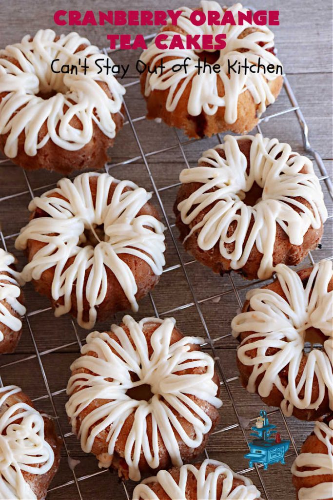 Cranberry Orange Tea Cakes | Can't Stay Out of the Kitchen | These delightful #TeaCakes include fresh #cranberries, grated #OrangeZest & #walnuts. The icing also includes #orange zest. This is the perfect #dessert to bring to #holiday & #Christmas parties. Everyone will swoon over these delicious treats. #HolidayDessert #CranberryDessert #CranberryOrangeTeaCakes