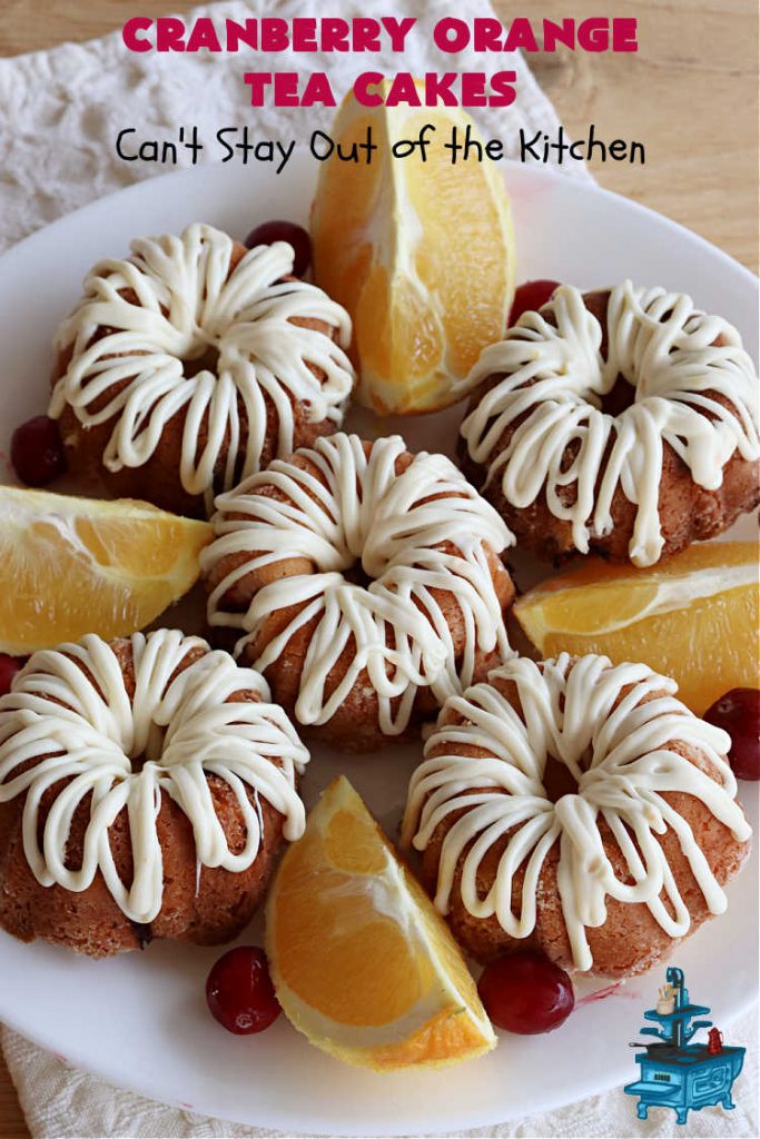Cranberry Orange Tea Cakes | Can't Stay Out of the Kitchen | These delightful #TeaCakes include fresh #cranberries, grated #OrangeZest & #walnuts. The icing also includes #orange zest. This is the perfect #dessert to bring to #holiday & #Christmas parties. Everyone will swoon over these delicious treats. #HolidayDessert #CranberryDessert #CranberryOrangeTeaCakes