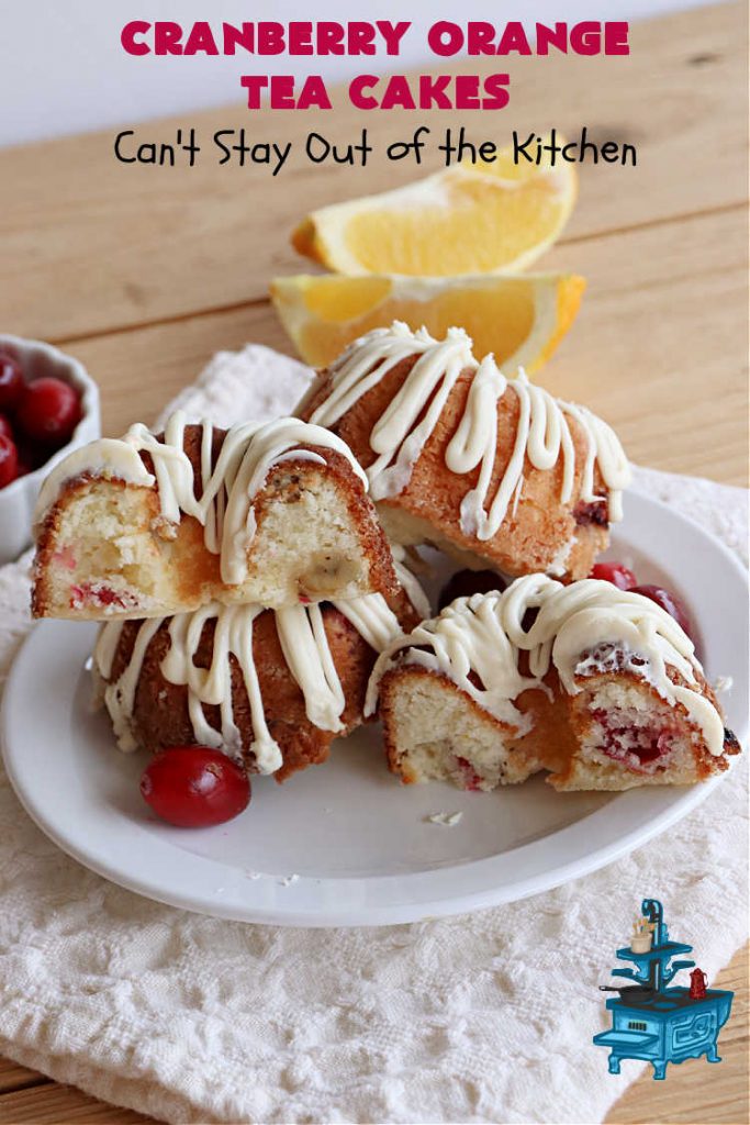Cranberry Orange Tea Cakes | Can't Stay Out of the Kitchen | These delightful #TeaCakes include fresh #cranberries, grated #OrangeZest & #walnuts. The icing also includes #orange zest. This is the perfect #dessert to bring to #holiday & #Christmas parties. Everyone will swoon over these delicious treats. #HolidayDessert #CranberryDessert #CranberryOrangeTeaCakes