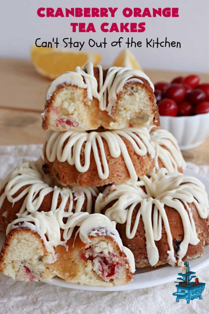 Cranberry Orange Tea Cakes | Can't Stay Out of the Kitchen | These delightful #TeaCakes include fresh #cranberries, grated #OrangeZest & #walnuts. The icing also includes #orange zest. This is the perfect #dessert to bring to #holiday & #Christmas parties. Everyone will swoon over these delicious treats. #HolidayDessert #CranberryDessert #CranberryOrangeTeaCakes