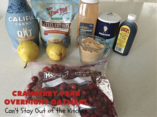 Cranberry Pear Overnight Oatmeal | Can't Stay Out of the Kitchen | this festive, beautiful and delectable #OvernightOatmeal is perfect for the #holiday season when fresh #cranberries are in season. It's a wonderful #breakfast idea to grace your #Thanksgiving or #Christmas tables. Freeze some cranberries and you can make it year round! #vegan #GlutenFree #oatmeal #cinnamon #SteelCutOats #pears #CranberryPearOvernightOatmeal