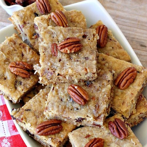 Cranberry Pecan Bars | Can't Stay Out of the Kitchen | these fantastic bar-type #cookies use dried #cranberries, #pecans & #coconut. They're crunchy, chewy & utterly irresistible. #dessert #tailgating #holiday #HolidayDessert #CranberryDessert #CranberryPecanBars