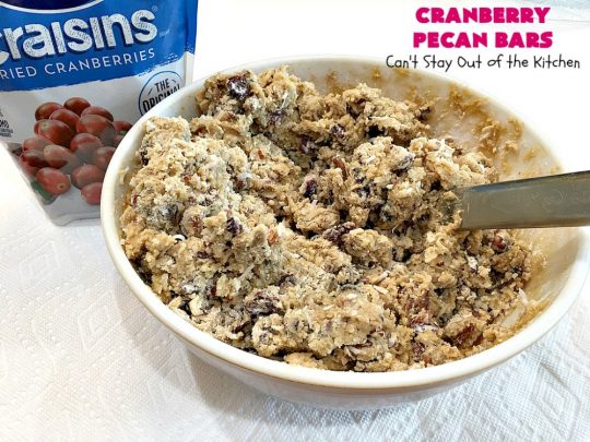 Cranberry Pecan Bars | Can't Stay Out of the Kitchen | these fantastic bar-type #cookies use dried #cranberries, #pecans & #coconut. They're crunchy, chewy & utterly irresistible. #dessert #tailgating #holiday #HolidayDessert #CranberryDessert #CranberryPecanBars