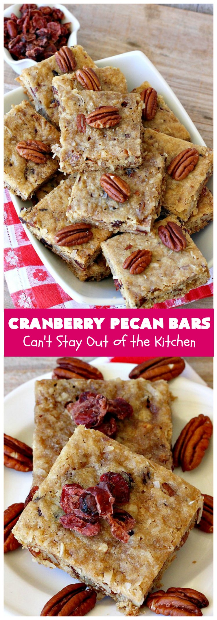 Cranberry Pecan Bars | Can't Stay Out of the Kitchen | these fantastic bar-type #cookies use dried #cranberries, #pecans & #coconut. They're crunchy, chewy & utterly irresistible. #dessert #tailgating #holiday #HolidayDessert #CranberryDessert #CranberryPecanBars