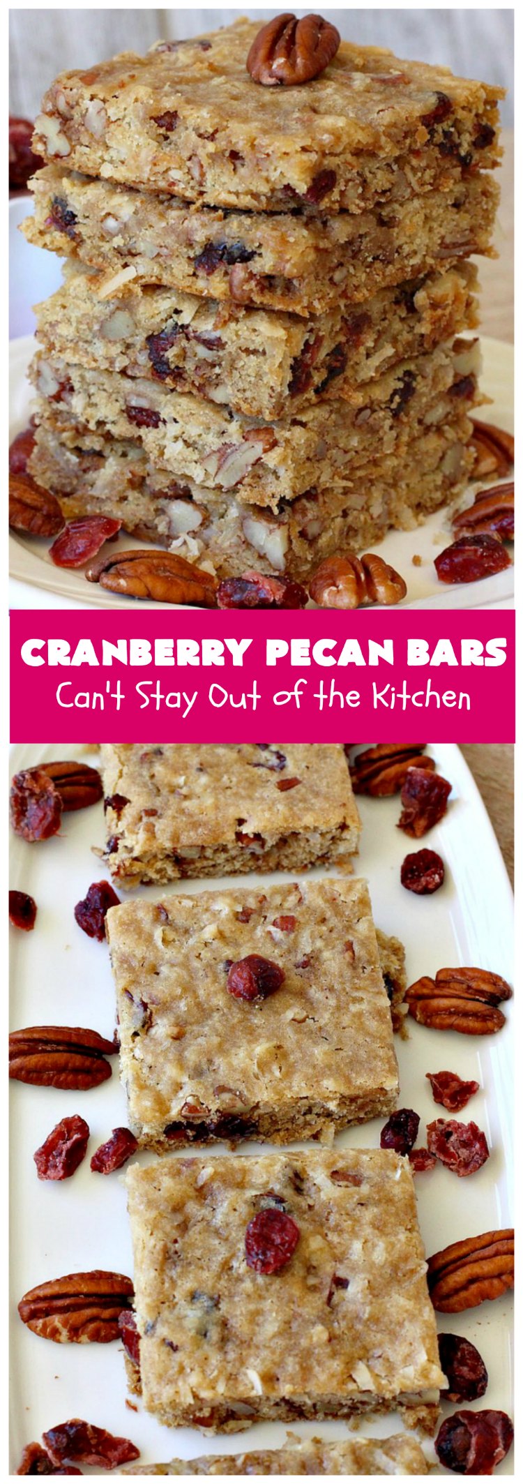 Cranberry Pecan Bars | Can't Stay Out of the Kitchen | these fantastic bar-type #cookies use dried #cranberries, #pecans & #coconut. They're crunchy, chewy & utterly irresistible. #dessert #tailgating #holiday #HolidayDessert #CranberryDessert #CranberryPecanBars