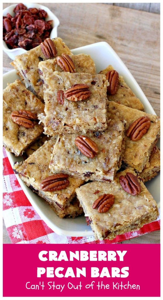 Cranberry Pecan Bars | Can't Stay Out of the Kitchen | these fantastic bar-type #cookies use dried #cranberries, #pecans & #coconut. They're crunchy, chewy & utterly irresistible. #dessert #tailgating #holiday #HolidayDessert #CranberryDessert #CranberryPecanBars
