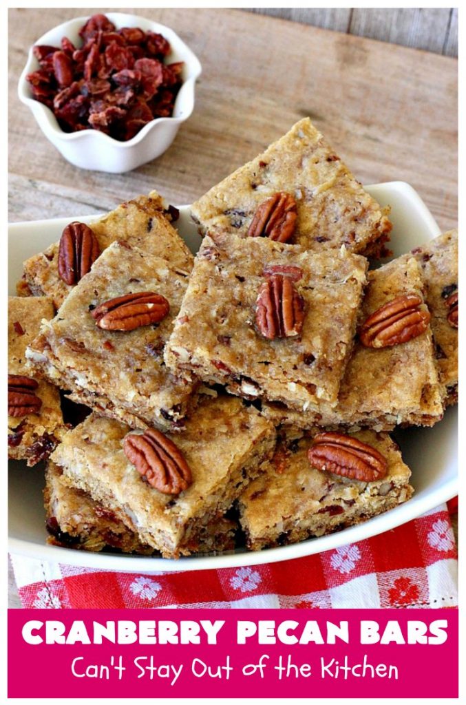 Cranberry Pecan Bars | Can't Stay Out of the Kitchen | these fantastic bar-type #cookies use dried #cranberries, #pecans & #coconut. They're crunchy, chewy & utterly irresistible. #dessert #tailgating #holiday #HolidayDessert #CranberryDessert #CranberryPecanBars