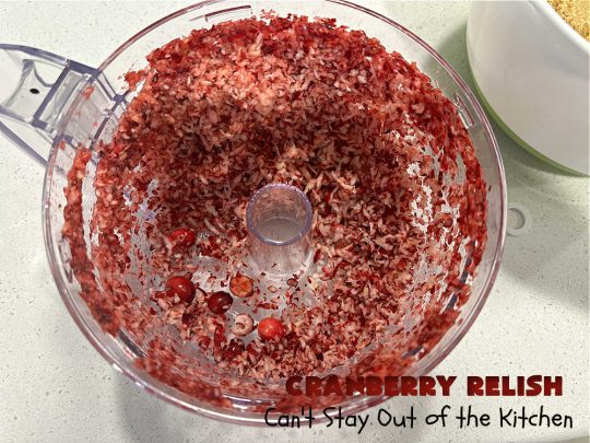 Cranberry Relish | Can't Stay Out of the Kitchen | this easy peasy #recipe is perfect for #turkey, #ham or #PorkTenderloin. While this #appetizer is marvelous for #holidays like #Thanksgiving or #Christmas, if you freeze fresh #cranberries you can enjoy it throughout the year. We serve it over #HomemadeRolls. #raisins #LemonZest #OrangeJuice #relish #CranberryRelish