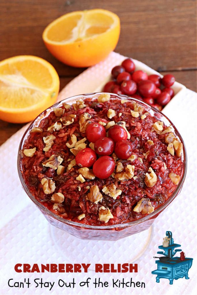 Cranberry Relish | Can't Stay Out of the Kitchen | this easy peasy #recipe is perfect for #turkey, #ham or #PorkTenderloin. While this #appetizer is marvelous for #holidays like #Thanksgiving or #Christmas, if you freeze fresh #cranberries you can enjoy it throughout the year. We serve it over #HomemadeRolls. #raisins #LemonZest #OrangeJuice #relish #CranberryRelish