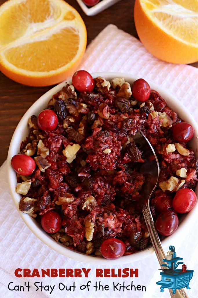 Cranberry Relish | Can't Stay Out of the Kitchen | this easy peasy #recipe is perfect for #turkey, #ham or #PorkTenderloin. While this #appetizer is marvelous for #holidays like #Thanksgiving or #Christmas, if you freeze fresh #cranberries you can enjoy it throughout the year. We serve it over #HomemadeRolls. #raisins #LemonZest #OrangeJuice #relish #CranberryRelish