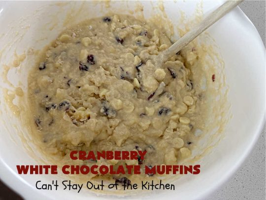 Cranberry White Chocolate Muffins | Can't Stay Out of the Kitchen | These fantastic #muffins are just what the doctor orders for a sweet tooth craving! They're filled with real #WhiteChocolateChips & #DriedCranberries. #Applesauce & #bananas also add sweetness. Excellent option for any #breakfast or #brunch menu, or for #tailgating parties or #potlucks. #cranberries #chocolate #CranberryWhiteChocolateMuffins