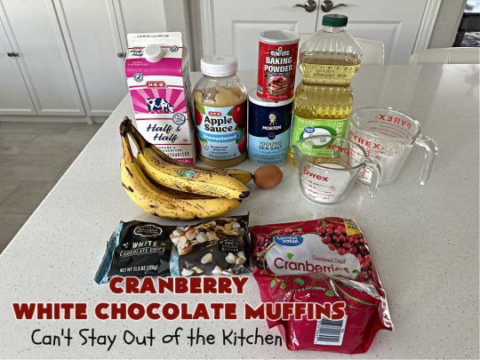 Cranberry White Chocolate Muffins | Can't Stay Out of the Kitchen | These fantastic #muffins are just what the doctor orders for a sweet tooth craving! They're filled with real #WhiteChocolateChips & #DriedCranberries. #Applesauce & #bananas also add sweetness. Excellent option for any #breakfast or #brunch menu, or for #tailgating parties or #potlucks. #cranberries #chocolate #CranberryWhiteChocolateMuffins