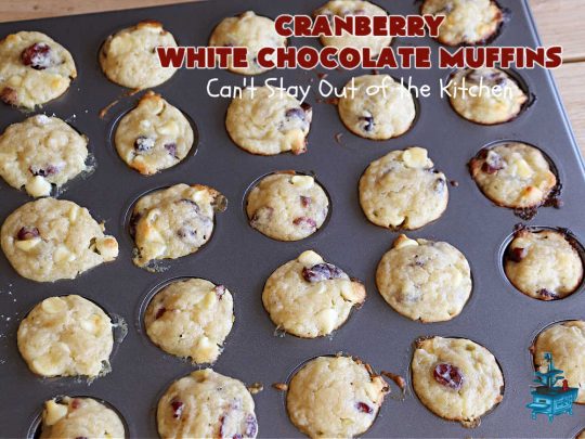 Cranberry White Chocolate Muffins | Can't Stay Out of the Kitchen | These fantastic #muffins are just what the doctor orders for a sweet tooth craving! They're filled with real #WhiteChocolateChips & #DriedCranberries. #Applesauce & #bananas also add sweetness. Excellent option for any #breakfast or #brunch menu, or for #tailgating parties or #potlucks. #cranberries #chocolate #CranberryWhiteChocolateMuffins