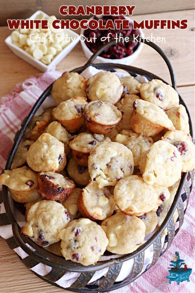 Cranberry White Chocolate Muffins | Can't Stay Out of the Kitchen | These fantastic #muffins are just what the doctor orders for a sweet tooth craving! They're filled with real #WhiteChocolateChips & #DriedCranberries. #Applesauce & #bananas also add sweetness. Excellent option for any #breakfast or #brunch menu, or for #tailgating parties or #potlucks. #cranberries #chocolate #CranberryWhiteChocolateMuffins