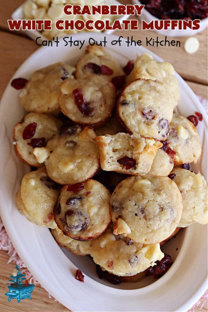 Cranberry White Chocolate Muffins | Can't Stay Out of the Kitchen | These fantastic #muffins are just what the doctor orders for a sweet tooth craving! They're filled with real #WhiteChocolateChips & #DriedCranberries. #Applesauce & #bananas also add sweetness. Excellent option for any #breakfast or #brunch menu, or for #tailgating parties or #potlucks. #cranberries #chocolate #CranberryWhiteChocolateMuffins