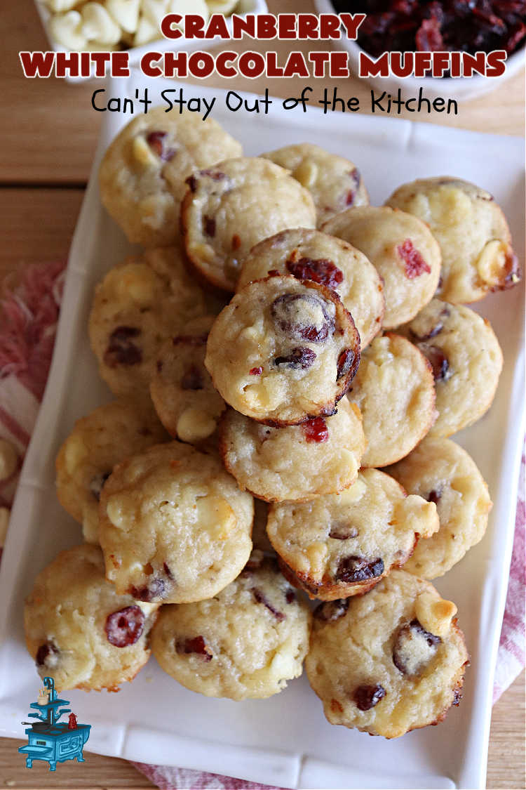 Cranberry White Chocolate Muffins | Can't Stay Out of the Kitchen | These fantastic #muffins are just what the doctor orders for a sweet tooth craving! They're filled with real #WhiteChocolateChips & #DriedCranberries. #Applesauce & #bananas also add sweetness. Excellent option for any #breakfast or #brunch menu, or for #tailgating parties or #potlucks. #cranberries #chocolate #CranberryWhiteChocolateMuffins