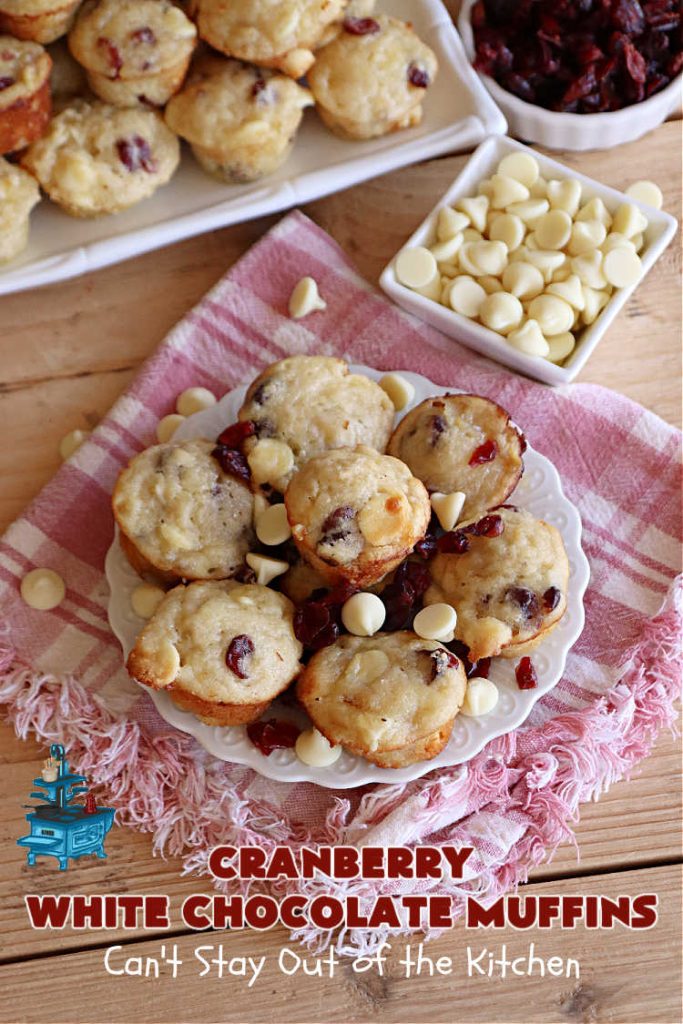 Cranberry White Chocolate Muffins | Can't Stay Out of the Kitchen | These fantastic #muffins are just what the doctor orders for a sweet tooth craving! They're filled with real #WhiteChocolateChips & #DriedCranberries. #Applesauce & #bananas also add sweetness. Excellent option for any #breakfast or #brunch menu, or for #tailgating parties or #potlucks. #cranberries #chocolate #CranberryWhiteChocolateMuffins