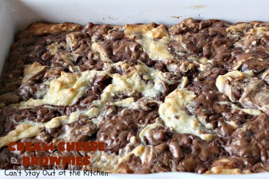 Cream Cheese Brownies | Can't Stay Out of the Kitchen | This is our favorite #brownie #recipe ever! The #CreamCheese layer includes #coconut & the brownie layer includes #ChocolateChips & #pecans. Swirled together these are absolutely decadent! Terrific for #tailgating parties or summer #holiday fun like #FourthOfJuly or #LaborDay. #dessert #HolidayDessert #ChocolateDessert #CreamCheeseDessert #cookie #CreamCheeseBrownies