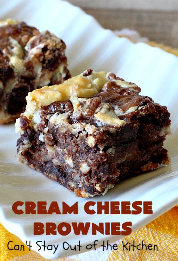 Cream Cheese Brownies | Can't Stay Out of the Kitchen | This is our favorite #brownie #recipe ever! The #CreamCheese layer includes #coconut & the brownie layer includes #ChocolateChips & #pecans. Swirled together these are absolutely decadent! Terrific for #tailgating parties or summer #holiday fun like #FourthOfJuly or #LaborDay. #dessert #HolidayDessert #ChocolateDessert #CreamCheeseDessert #cookie #CreamCheeseBrownies