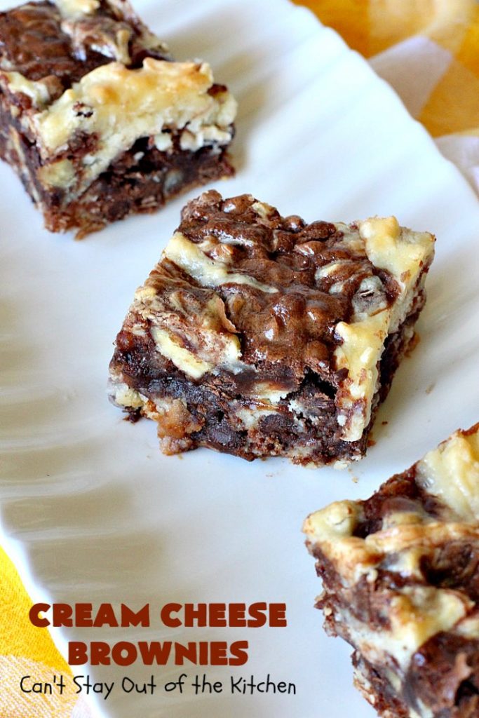 Cream Cheese Brownies | Can't Stay Out of the Kitchen | This is our favorite #brownie #recipe ever! The #CreamCheese layer includes #coconut & the brownie layer includes #ChocolateChips & #pecans. Swirled together these are absolutely decadent! Terrific for #tailgating parties or summer #holiday fun like #FourthOfJuly or #LaborDay. #dessert #HolidayDessert #ChocolateDessert #CreamCheeseDessert #cookie #CreamCheeseBrownies