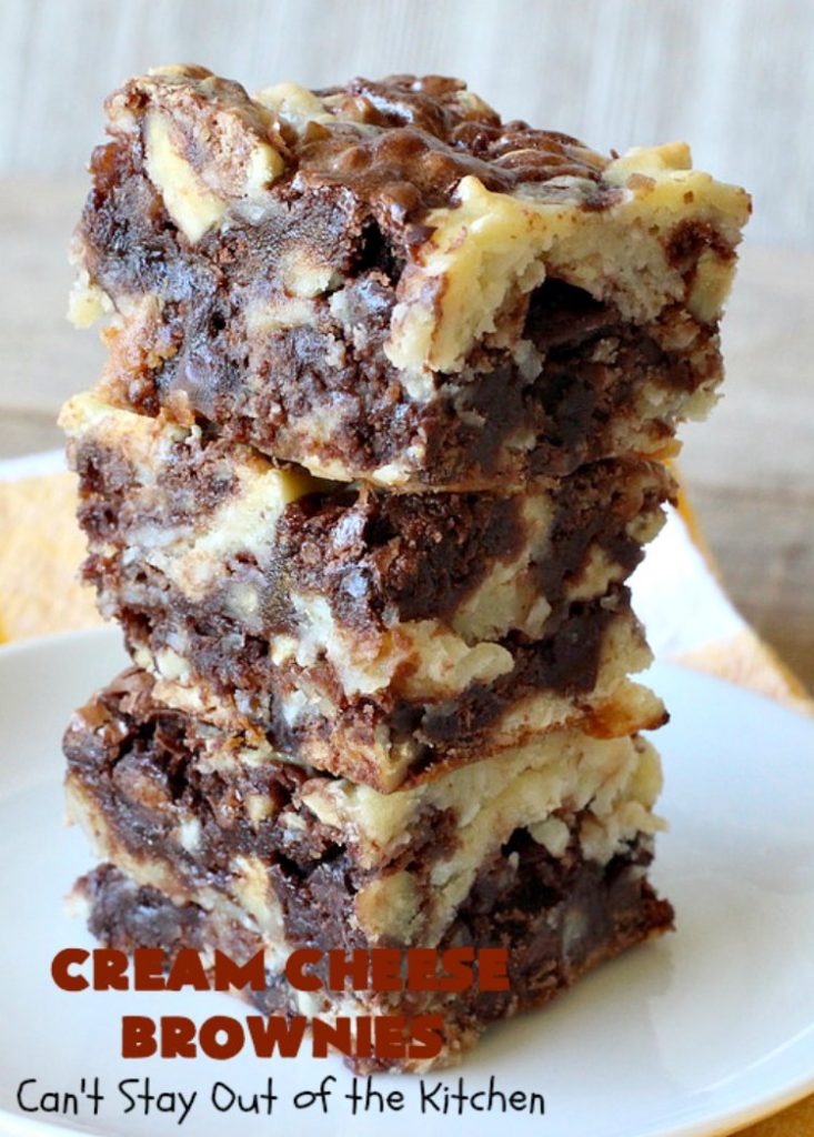 Cream Cheese Brownies | Can't Stay Out of the Kitchen | This is our favorite #brownie #recipe ever! The #CreamCheese layer includes #coconut & the brownie layer includes #ChocolateChips & #pecans. Swirled together these are absolutely decadent! Terrific for #tailgating parties or summer #holiday fun like #FourthOfJuly or #LaborDay. #dessert #HolidayDessert #ChocolateDessert #CreamCheeseDessert #cookie #CreamCheeseBrownies
