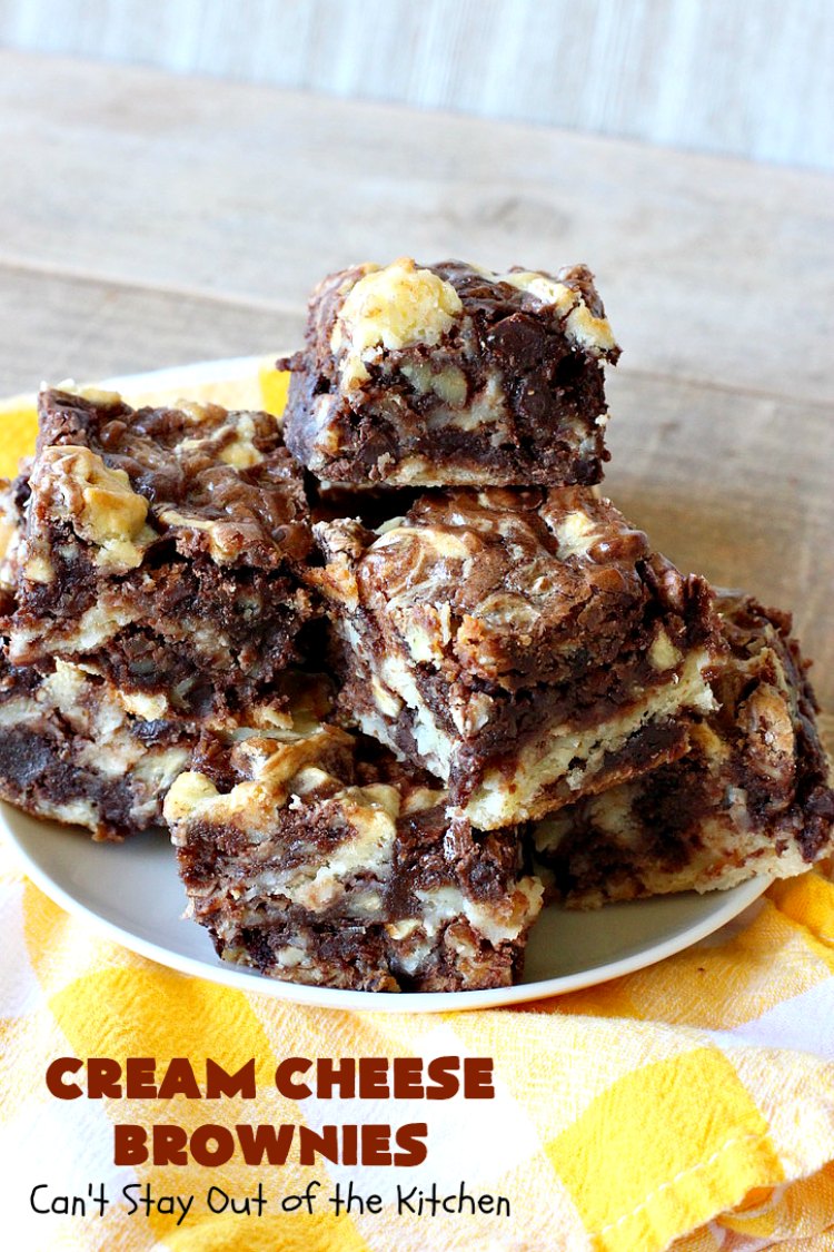 Cream Cheese Brownies | Can't Stay Out of the Kitchen | This is our favorite #brownie #recipe ever! The #CreamCheese layer includes #coconut & the brownie layer includes #ChocolateChips & #pecans. Swirled together these are absolutely decadent! Terrific for #tailgating parties or summer #holiday fun like #FourthOfJuly or #LaborDay. #dessert #HolidayDessert #ChocolateDessert #CreamCheeseDessert #cookie #CreamCheeseBrownies