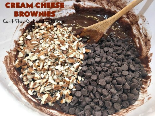 Cream Cheese Brownies | Can't Stay Out of the Kitchen | This is our favorite #brownie #recipe ever! The #CreamCheese layer includes #coconut & the brownie layer includes #ChocolateChips & #pecans. Swirled together these are absolutely decadent! Terrific for #tailgating parties or summer #holiday fun like #FourthOfJuly or #LaborDay. #dessert #HolidayDessert #ChocolateDessert #CreamCheeseDessert #cookie #CreamCheeseBrownies