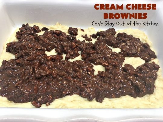 Cream Cheese Brownies | Can't Stay Out of the Kitchen | This is our favorite #brownie #recipe ever! The #CreamCheese layer includes #coconut & the brownie layer includes #ChocolateChips & #pecans. Swirled together these are absolutely decadent! Terrific for #tailgating parties or summer #holiday fun like #FourthOfJuly or #LaborDay. #dessert #HolidayDessert #ChocolateDessert #CreamCheeseDessert #cookie #CreamCheeseBrownies