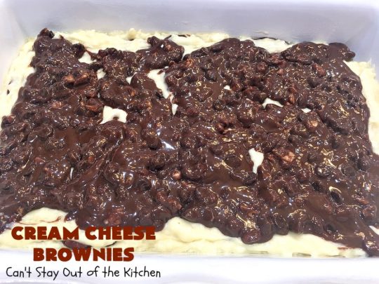 Cream Cheese Brownies | Can't Stay Out of the Kitchen | This is our favorite #brownie #recipe ever! The #CreamCheese layer includes #coconut & the brownie layer includes #ChocolateChips & #pecans. Swirled together these are absolutely decadent! Terrific for #tailgating parties or summer #holiday fun like #FourthOfJuly or #LaborDay. #dessert #HolidayDessert #ChocolateDessert #CreamCheeseDessert #cookie #CreamCheeseBrownies