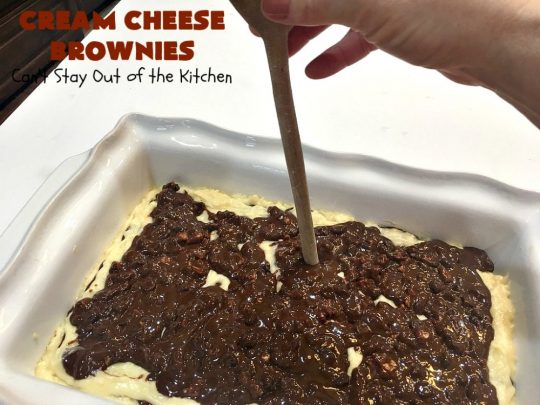 Cream Cheese Brownies | Can't Stay Out of the Kitchen | This is our favorite #brownie #recipe ever! The #CreamCheese layer includes #coconut & the brownie layer includes #ChocolateChips & #pecans. Swirled together these are absolutely decadent! Terrific for #tailgating parties or summer #holiday fun like #FourthOfJuly or #LaborDay. #dessert #HolidayDessert #ChocolateDessert #CreamCheeseDessert #cookie #CreamCheeseBrownies