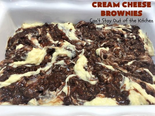 Cream Cheese Brownies | Can't Stay Out of the Kitchen | This is our favorite #brownie #recipe ever! The #CreamCheese layer includes #coconut & the brownie layer includes #ChocolateChips & #pecans. Swirled together these are absolutely decadent! Terrific for #tailgating parties or summer #holiday fun like #FourthOfJuly or #LaborDay. #dessert #HolidayDessert #ChocolateDessert #CreamCheeseDessert #cookie #CreamCheeseBrownies