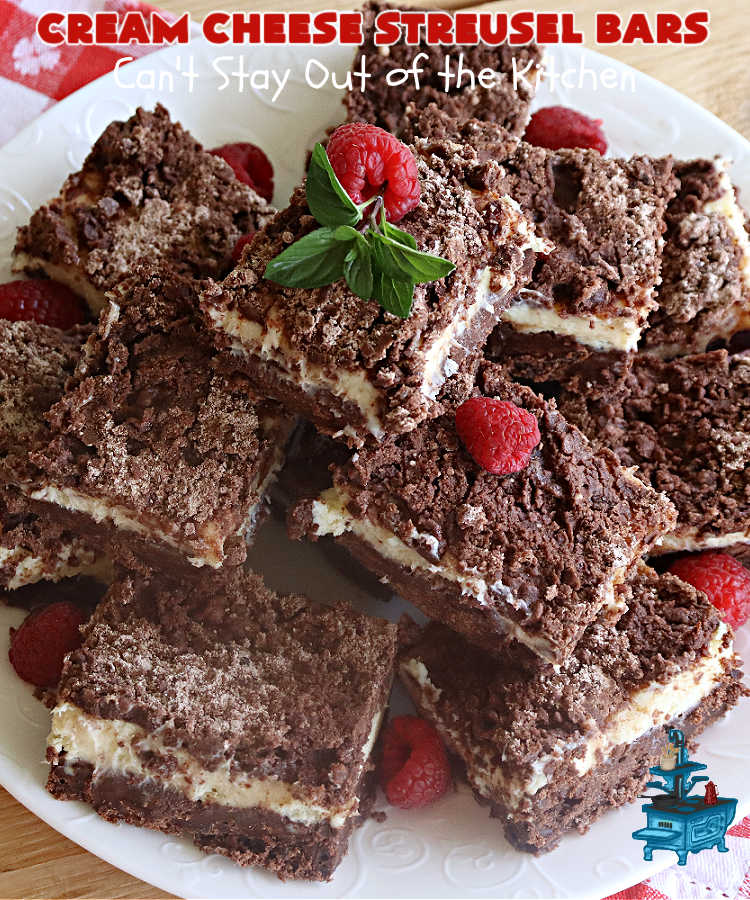 Cream Cheese Streusel Bars | Can't Stay Out of the Kitchen | You'll be captivated by every bite of these scrumptious bar-type #cookies. They have a #chocolate crust along with a #chocolate #streusel topping. The middle layer includes #CreamCheese & #SweetenedCondensedMilk. These rich, decadent, heavenly #brownies will rock your world! #tailgating #potluck #ChocolateDessert #CheesecakeDessert #CreamCheeseStreuselBars