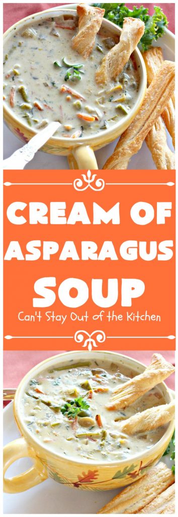 Cream of Asparagus Soup | Can't Stay Out of the Kitchen | This delicious #soup is perfect comfort food for #fall. We love this easy recipe made in the #crockpot. #asparagus #carrots #glutenfree